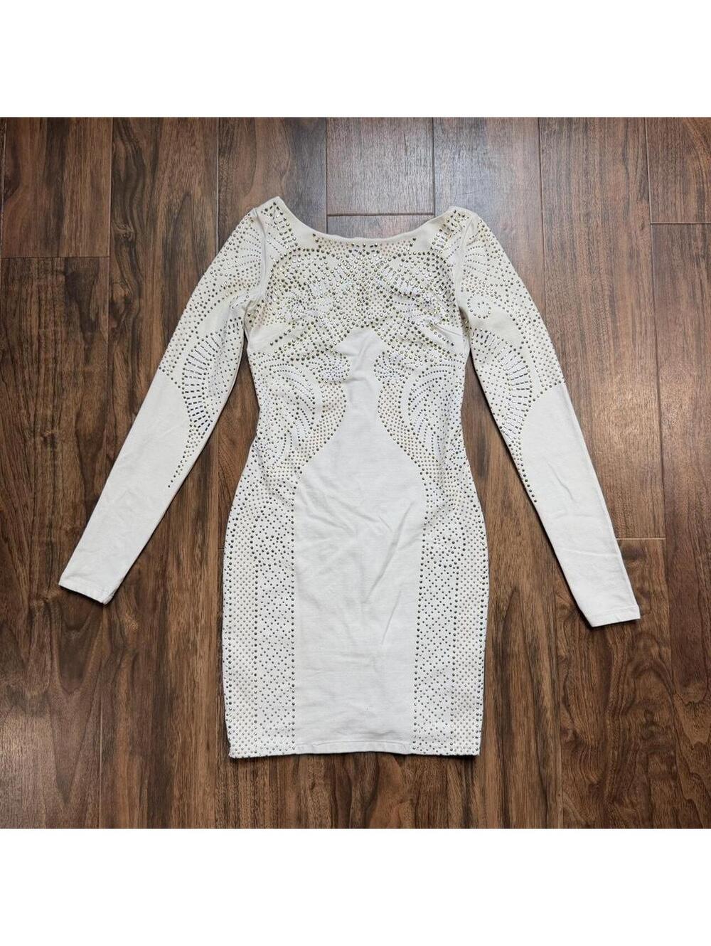 Vintage Bebe White Rhinestone Bodycon Dress Size XS USA